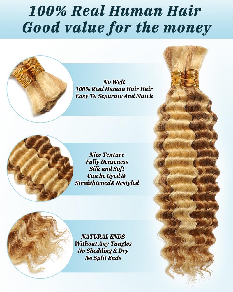 فلاج شيب شعر بشري فاخر لتضفير الضفائر البوهيمية، 16 بوصة، حزمتان، 100 غرام، شعر بشري مموج عميق، شعر بشري بكر مجعد 12A لتضفير الضفائر البوهيمية بدون عقد، حزم شعر بشري P27/613 - Image 3